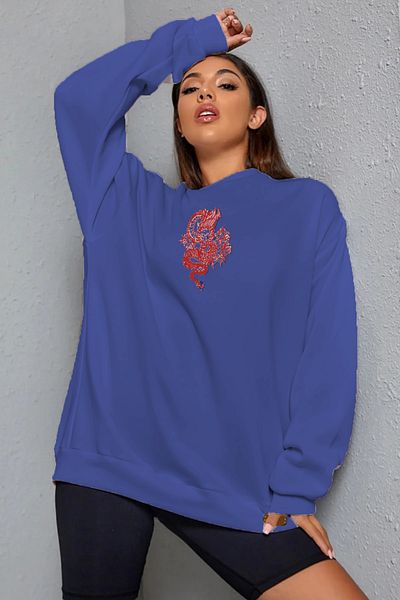 Pasage Trend Nice Oversize Front Dragon Printed Black Sweatshirt