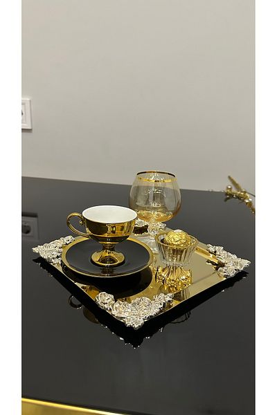 USD HOME Σετ 6 ασημί γωνιακός ανοξείδωτος χρυσός τετράγωνος δίσκος παρουσίασης καφέ