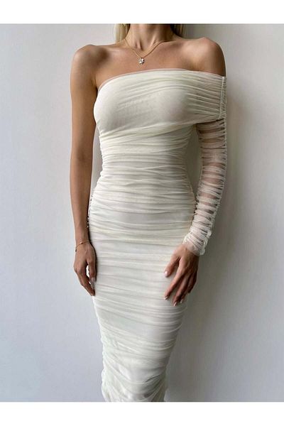 Afiş Butik Φόρεμα One Shoulder Tulle με λεπτομέρεια από ντραπέ