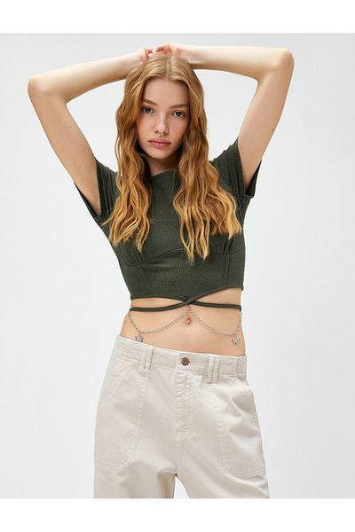 Koton Crop T-Shirt Short Sleeve Butterfly Chain And Corset Detailed Ribbed