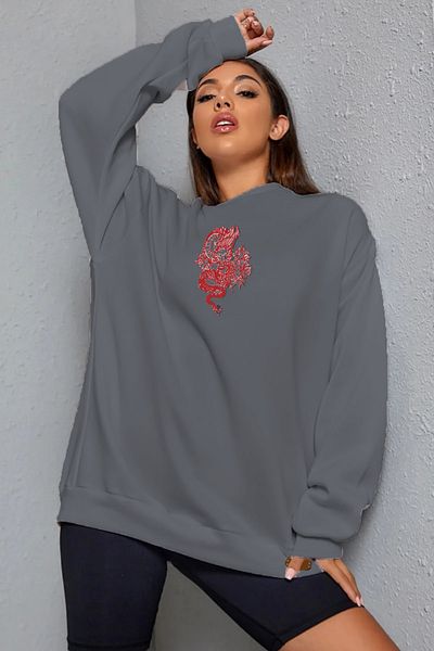 Pasage Trend Nice Oversize Front Dragon Printed Black Sweatshirt