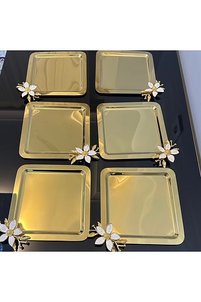 USD HOME Ανοξείδωτος τετράγωνος δίσκος παρουσίασης καφέ με 6 χρυσά αξεσουάρ Daisy