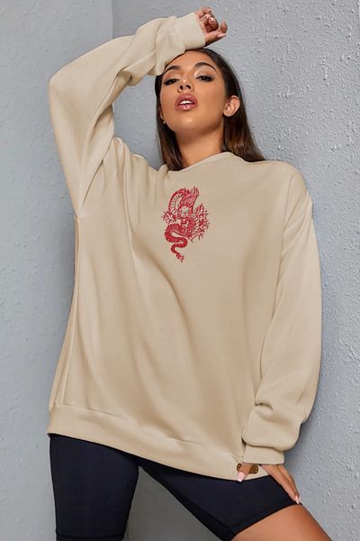 Pasage Trend Nice Oversize Front Dragon Printed Black Sweatshirt