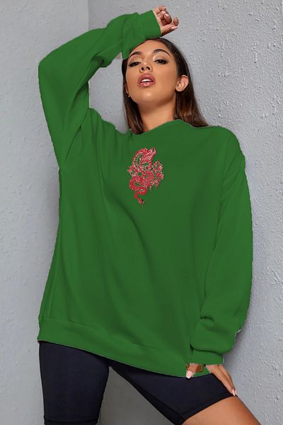 Pasage Trend Nice Oversize Front Dragon Printed Black Sweatshirt