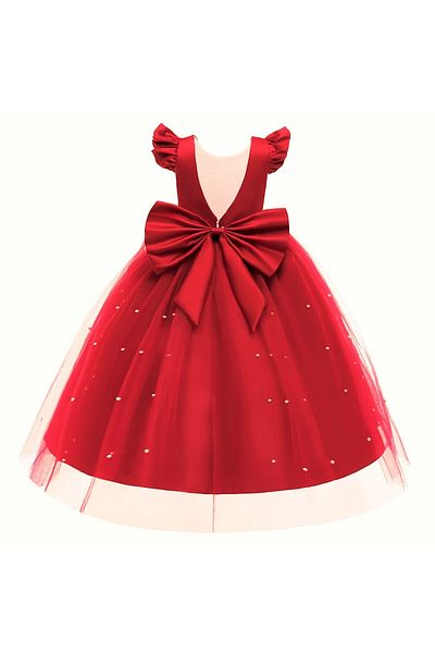 HSNLİFE Girl's Long Red Color Pearl Dress Birthday Graduation Dress