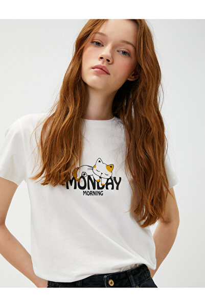 Koton Μπλουζάκι με στάμπα, κοντό μανίκι, βαμβακερό λαιμόκοψη