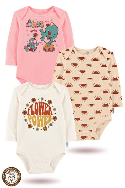 MAHFEL 3-Piece Organic Printed Snap Fastener Long Sleeve Baby Bodysuit