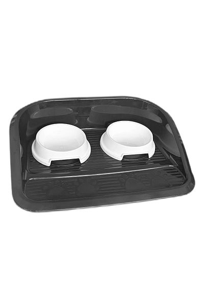 Lisinya Black-White 35X46 cm Plastic Double Cat Food and Water Bowl with Serving Tray