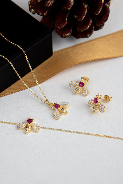 SARIASLAN Arı Kolye Küpe Bileklik Seti 14 Ayar Altın Suyu