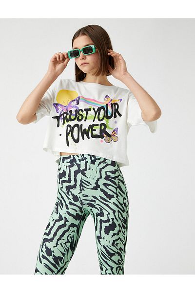 Koton Crop T-Shirt Slogan Nyomtatott Crew Neck