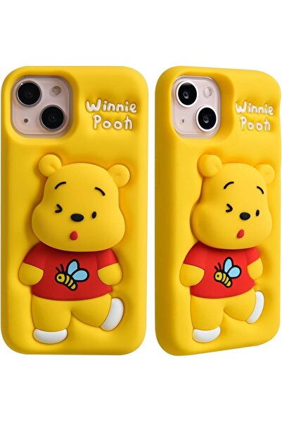 Butik İphone 15 uyumlu winnie pooh figürlü kabartmalı tutacaklı telefon kılıfı