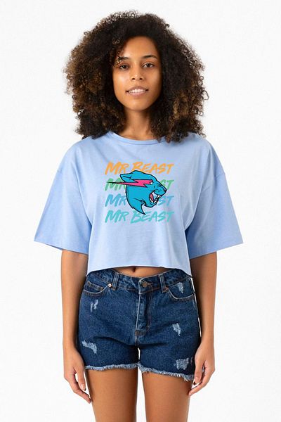 Tshirthane Mr Beast Letter Baby Blue Women's Crop T-Shirt