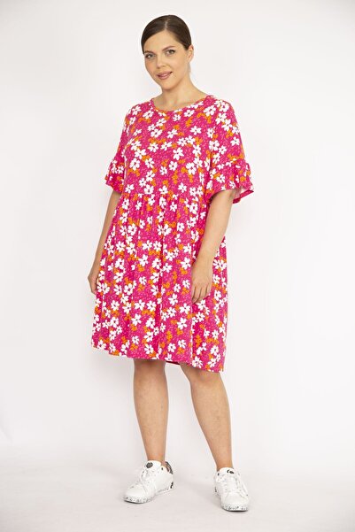 Şans Kadın Büyük Beden Renkli Bisiklet Yakalı Volan Kollu Belden Büzgülü Elbi...