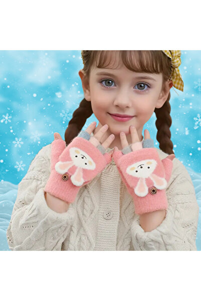 darko Tavşan Desenli Sevimli Kız Çocuk Eldiven Yumuşak Kışlık Eldiven Parmaksız