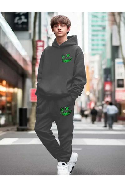 FRİENDS KİDS Unisex Colorful Siület Printed Black Tracksuit Set