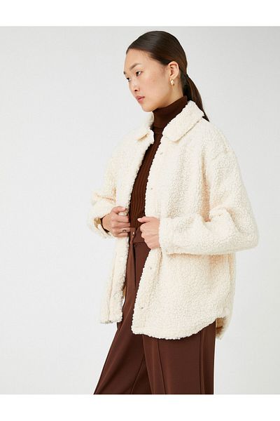 Koton Plush Jacket Shirt Collar with Snap Fastener