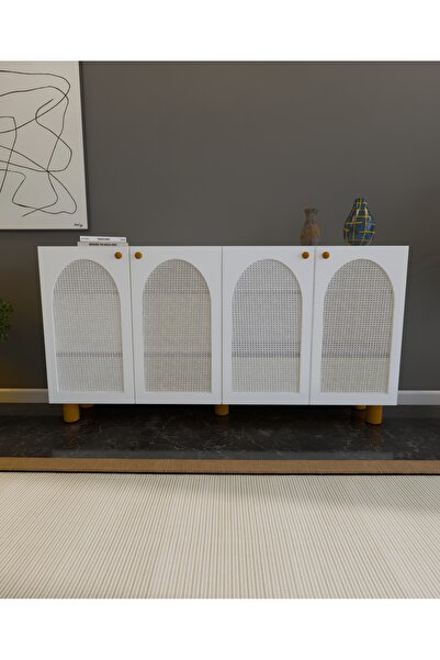 lazzir handle Mdf Bohem Konsol-(MDF 4 KAPAKLI BEYAZ HAZERANLI)-(BEYAZ)-(180 CM GENİŞLİK)-(TOMBUL AYAKLI)