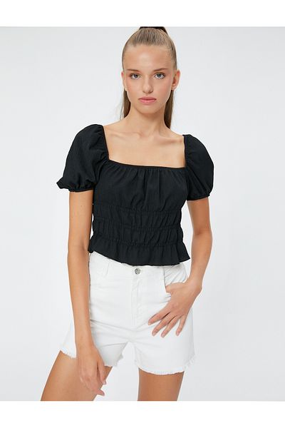 Koton Balloon Sleeve T-Shirt Square Neck Ruffle Textured