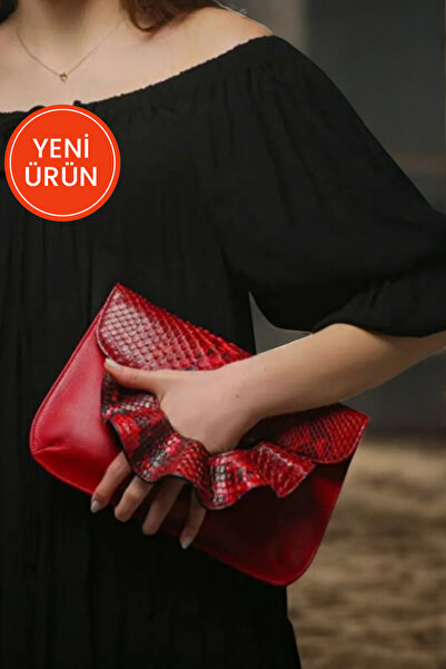 pınarturhan Kadın Kırmızı Yılan Derisi El Yapımı Peblum Portföy & Clutch Çanta