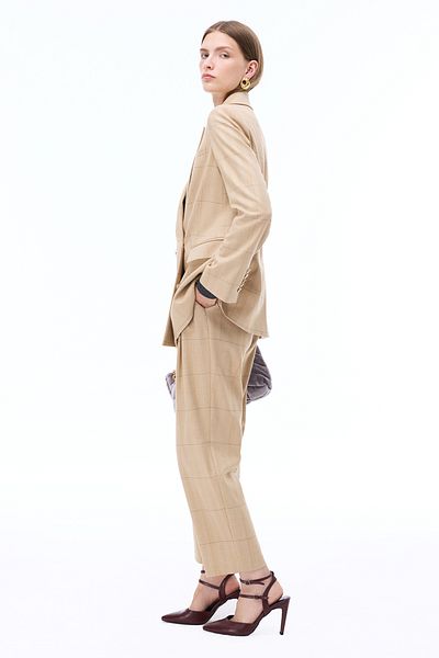 Perspective Untimely Regular Fit Herringbone Patterned Fake Sleeve Buff Color Women's Jacket