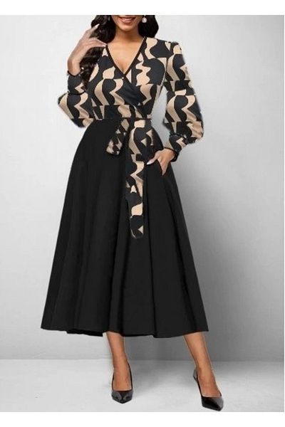 Inf Women's Long Sleeve Double Breasted Collar Plunging Crepe Midi Dress