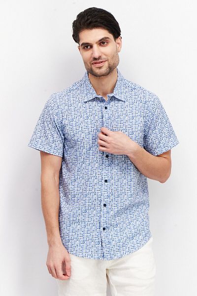 Kenneth Cole Men Regular Fit Abstract Pattern Short Sleeve Casual Shirt, Blue