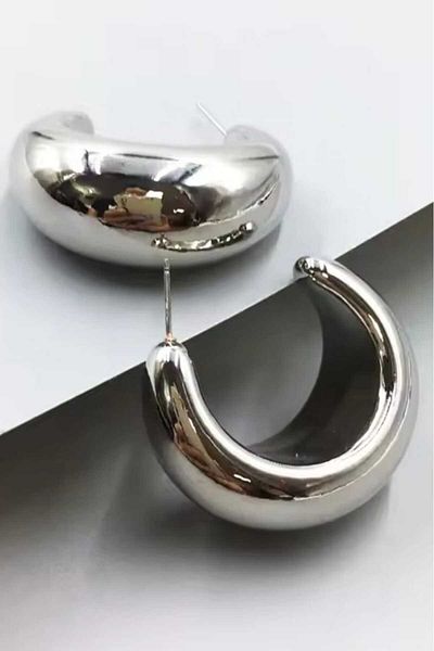 KYOLA DESİGN Silver Colored Curved Moon Earrings