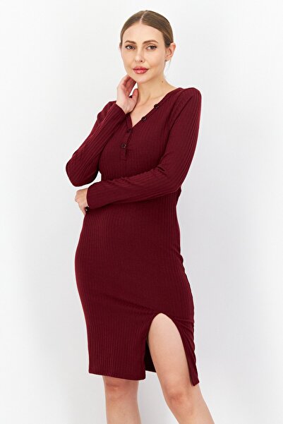 Brave Soul فستان نسائي كاجوال متوسط الطول، منسوج، عنابي اللون