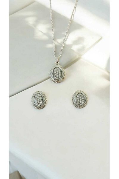 KYOLA DESİGN Minimalist Stone Necklace Earrings Set Silver Color