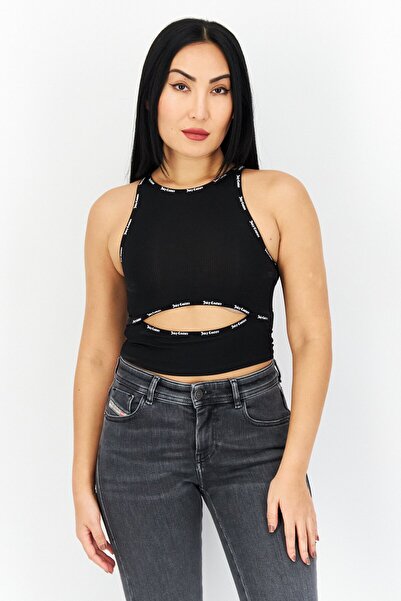 Juicy Couture Women Round Neck Sleeveless Cutout Rib Halter Tank Top, Black