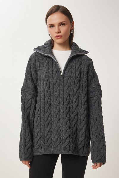 Lovelyİstanbul Pulover gros din tricot supradimensionat - guler ridicat și fermoar ANTRACIT LUS0063