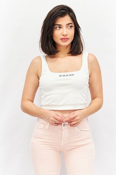 We Are We Wear Women Scoop Neck Short Sleeve Brand Logo Tank Top, Cream