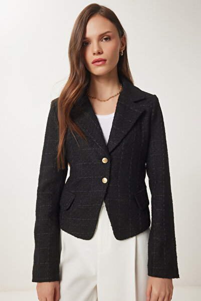 Lovelyİstanbul Jachetă țesătă din tweed cu nasturi aurii NEGRU LWF0022