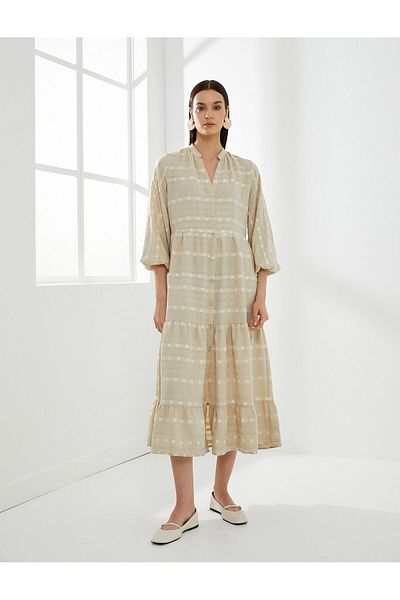 Koton Balloon Sleeve Dress Midi Buttoned Chief Collar