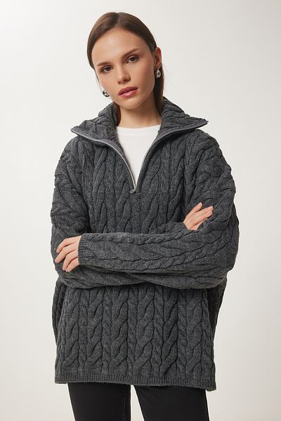 Lovelyİstanbul Pulover gros din tricot supradimensionat - guler ridicat și fermoar ANTRACIT LUS0063