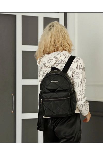 truvalıhelen Quilted Black Backpack - Embroidered and Pocket Zippered