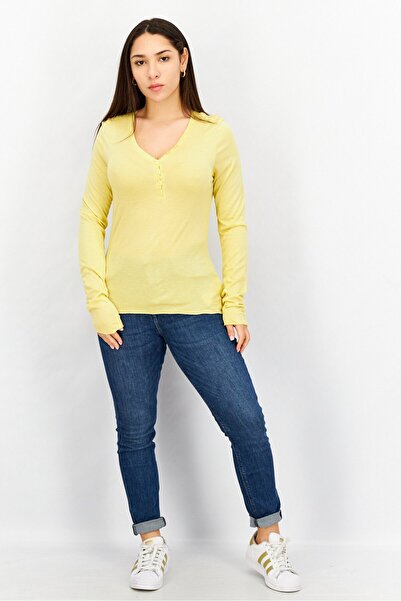 Timberland Women V-neck Long Sleeves Embroidered Logo Blouse, Yellow