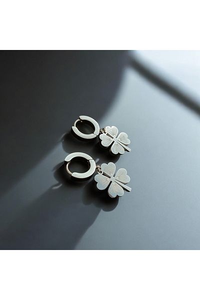 YERZKA Stainless Steel Green Clover Silver Color Earrings
