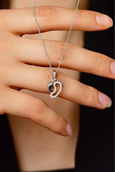 Roza Silver Zirkon Taşlı Rodyum Anne Bebek Ayak İzi Gümüş Kolye