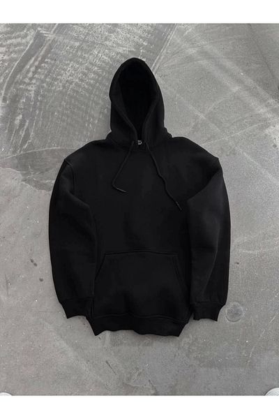 manyakalışveriş Hooded Three Thread Combed Basic Sweatshirt - Black