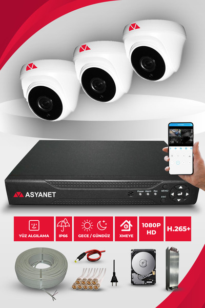 asyanet 3 Kameralı Dome İç Mekan Gece Görüşlü 1080p Fullhd 250GB Güvenlik Kam...