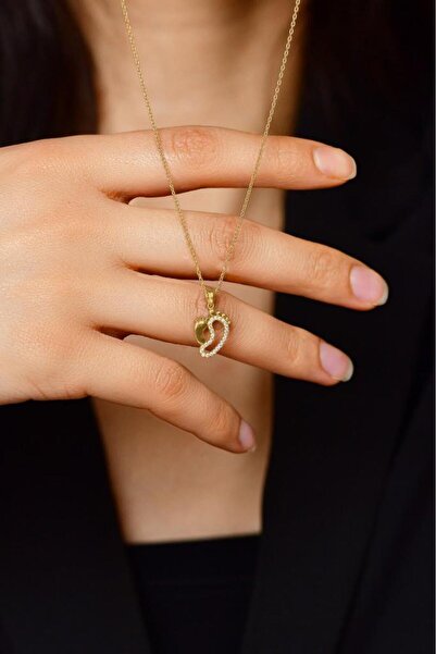 Roza Silver Zirkon Taşlı Gold Anne Bebek Ayak İzi Gümüş Kolye