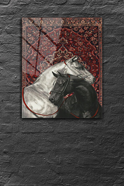 z zizuph Kırmızı Kilim ve At Desen, Modern, 4 mm Temperli Kırılmaz Cam Tablo