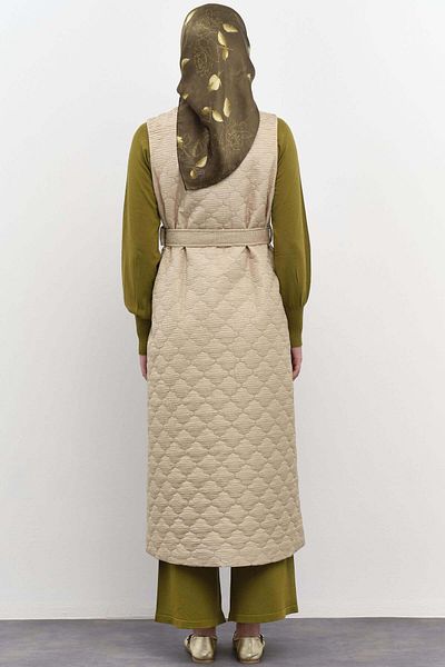Tuğba Beige Long Quilted Vest - Belted