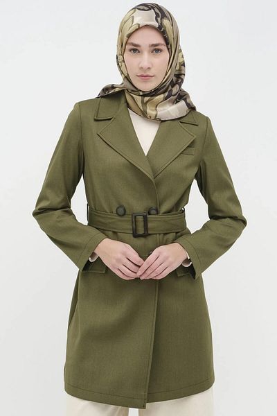 Tuğba Jacket with Buckle and Belt in Khaki Color