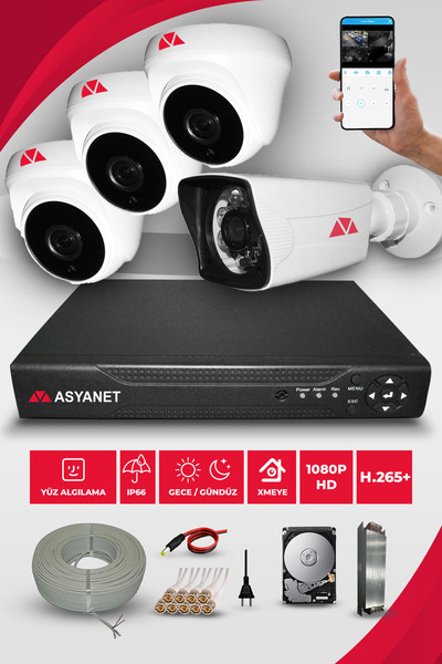 asyanet 4 Kameralı Kare 3 İç 1 Dış Kamera Set 320 Gb Hdd Full Hd Gece Görüşlü...