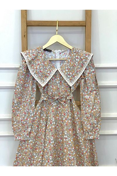 KÜÇÜĞÜM BUTİK Vintage Μεγάλος Γιακάς Γκρι Χρώμα Floral μακρυμάνικο φουσκωτό φόρεμα