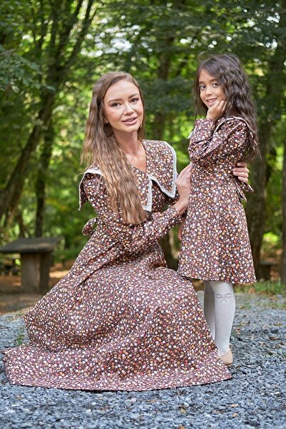 KÜÇÜĞÜM BUTİK Vintage Büyük Yakalı Kahverengi Çiçekli Uzun Kol Kloş Anne Kız Çocuk Kombini (TEKLİ SATILMAKTADIR)