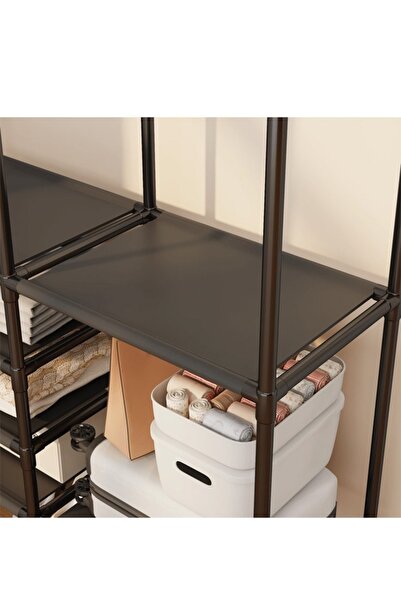 Taimi Iron Metal Clothes Organizer - Portable Wardrobe With 3 Sections And Hanging Poles Black