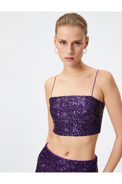 Koton Crop Top mit schmalen Trägern und Pailletten - Quadratischer Ausschnitt